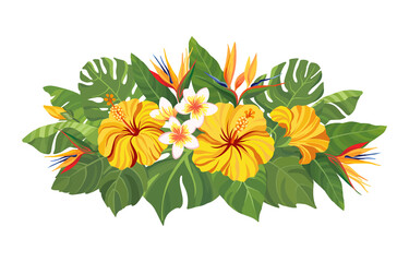 Wall Mural - Tropical flowers bouquet. Floral composition with yellow hibiscus, strelitzia, plumeria and palm leaves. Vector illustration.