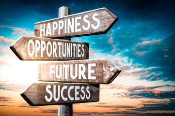 Canvas Print - Happiness, opportunities, future, success - wooden signpost, roadsign with four arrows