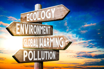 Sticker - Ecology, environment, global warming, pollution - wooden signpost, roadsign with four arrows