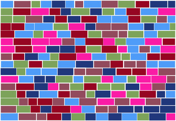 Multicolor brick wall from nested rectangles vector background with six different colors, mosaic pattern with random white borders, useful for backgrounds, wallpapers and wrapping