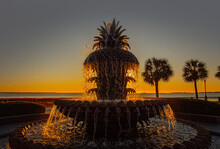 Charleston, South Carolina, United States, November 2019, The Sunrise Over Charleston Waterfront Park And The Pineapple Fountain