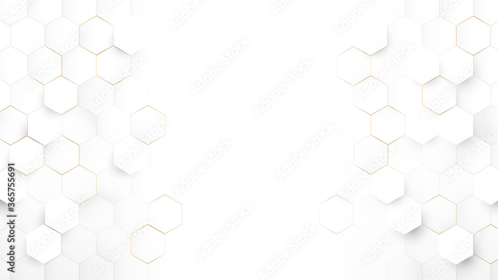 Abstract Technology, Futuristic Digital Hi Tech Concept. Abstract White and Gold Hexagonal Background. Luxury White Pattern. Vector Illustration - obrazy, fototapety, plakaty 