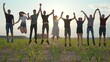 © Довидович Михаил - Friends are jumping holding hands at sunset.