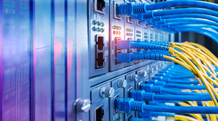 Fiber Optic cables connected to optic ports and UTP, Network cables connected to ethernet ports.