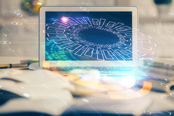 multi exposure of desktop computer and technology theme hologram. concept of software development.
