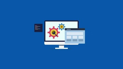 Website management, digital marketing software and seo optimization tool. Web development and website coding for online seo, meta data concept. 2d animation, 4k video clip.