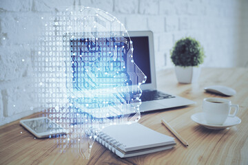 Wall Mural - multi exposure of work space with computer and human brain hologram. brainstorm concept.