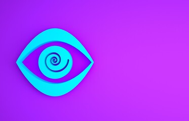 Poster - Blue Hypnosis icon isolated on purple background. Human eye with spiral hypnotic iris. Minimalism concept. 3d illustration 3D render.