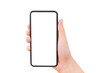 © Cherdchai - One Hand holding new smartphone on over white background in vertical view. Smartphone isolate.