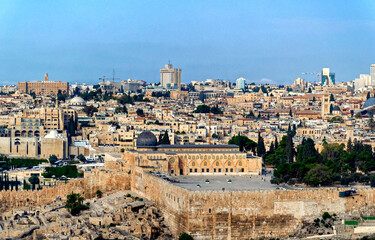 Sticker - Panoramically view over old city of Jerusalem with streets full of vehicles in Jerusalem, Israel.