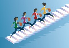 African Women Running In Stairs. Concept With People With Different Orgins In Different Situations.