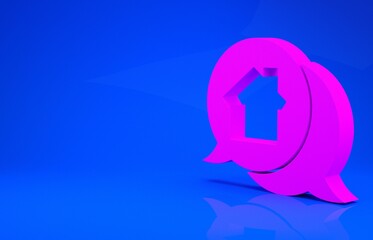 Sticker - Pink Real estate message house in speech bubble icon isolated on blue background. Minimalism concept. 3d illustration. 3D render.