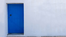 Blue Color Door On A White Wall, Greek Island Architecture, Copy Space