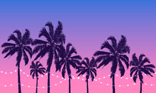 Palm Trees At Sunset With Garlands, Vector Art Illustration.