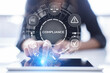 © WrightStudio - Compliance concept with icons and text. Regulations, law, standards, requirements, audit diagram on virtual screen.