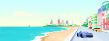 Miami Beach At Daytime Flat Color Vector Illustration