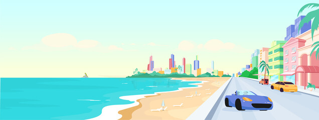 Wall Mural - Miami beach at daytime flat color vector illustration