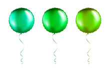 Set Of Green Round Shaped Foil Balloons On Transparent White Background. Party Balloons Event Design Decoration. Mockup For Balloon Print. Vector.