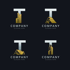 Initial T logo with real estate elements in gold and silver color