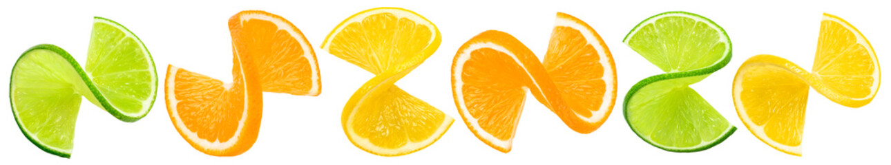 Wall Mural - citrus twists isolated on white background. lime, lemon and orange slices set. package design elemen