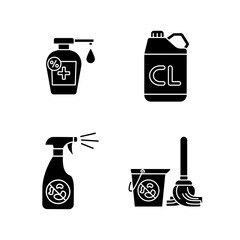 Sticker - Cleaning products black glyph icons set on white space. Sanitation supplies, hygiene silhouette symbols. Antibacterial disinfectants, different detergents and sanitizers. Vector isolated illustrations