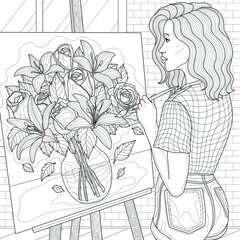 Canvas Print - Girl draws a bouquet of flowers.
Antistress coloring book for adults and children.Illustration isolated on white background. Black and white drawing. Zentangle style.