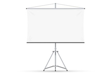 Wall Mural - Blank projection screen. Isolated empty white projection screen display on tripod. Vector education, visual presentation, business conference concept