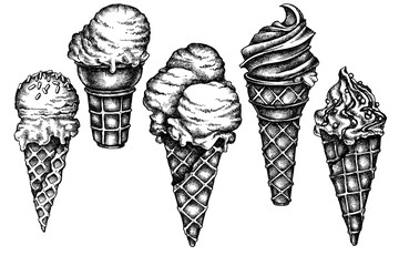 Seamless pattern with black and white ice cream cones