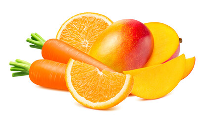 Wall Mural - Orange, mango and carrot isolated on white background. Fruit and vegetable mix