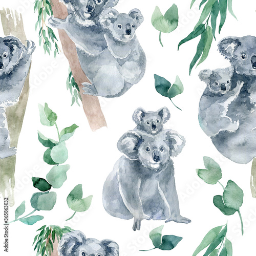 Plakaty koala  akwarela-bezszwowe-wzor-z-koala-z-galezi-eukaliptusa-symbol-australii-to