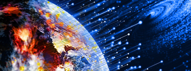 Wall Mural - Signal beam on the earth, global world network internet concept.