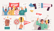 Set of illustrations about protests and demonstrations. Angry people protest meeting, hands set with banners. Vector