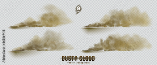 Fotografía Dusty cloud or broun dry sand flying with a gust of wind, sandstorm, explosion realistic texture with small particles or grains of sand illustration 9 set isolated on transparent background