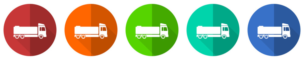 Fototapete - Truck icon set, red, blue, green and orange flat design web buttons isolated on white background, vector illustration