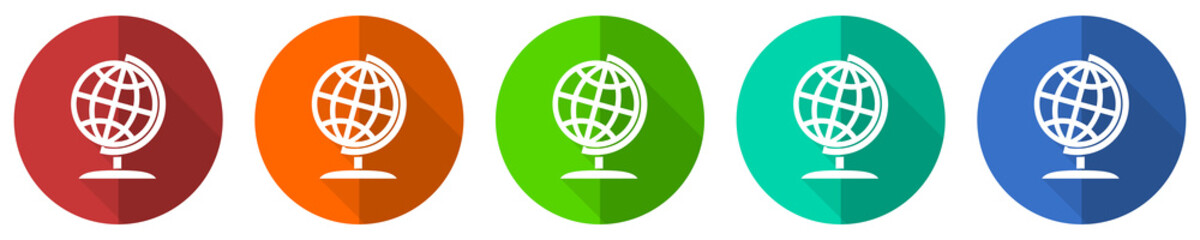 Aufkleber - Globe icon set, world, global, map, earth, red, blue, green and orange flat design web buttons isolated on white background, vector illustration