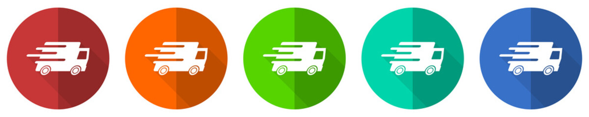 Fototapete - Speed transport icon set, fast delivery, truck, red, blue, green and orange flat design web buttons isolated on white background, vector illustration