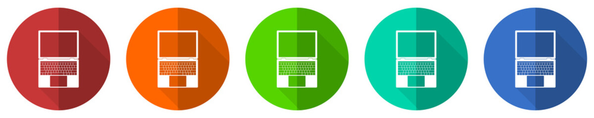 Leinwandbilder - Open notebook icon set, laptop, mobile computer, red, blue, green and orange flat design web buttons isolated on white background, vector illustration