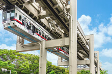 World's Longest Suspended Monorail System Of The Two-line Chiba Urban Monorail Hanging Under Large Pillars In Japan.