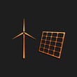 © mingirov - Gold Wind mill turbines generating electricity and solar panel icon isolated on black background. Energy alternative, concept of renewable energy. Long shadow style. Vector.