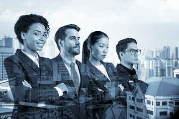 Four successful business consultants standing in a row in suits and ready to tackle with customer problem. Kuala Lumpur cityscape. KL skyscrapers. Double exposure.