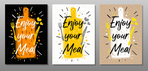 Enjoy your meal, quote phrase food poster. Cooking, culinary, kitchen, print, utensils, cutting board, heart, master chef. Lettering, calligraphy poster chalk chalkboard sketch style Vector