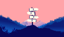 Difficult Choice - Signpost In Open Nature Landscape Pointing In Different Directions With Question Marks. Trouble Making Choices Concept. Vector Illustration.