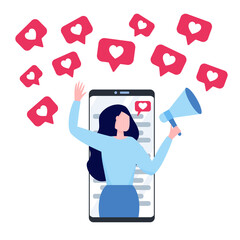 Woman with megaphone on a screen of smartphone. Blogger surrounded with social media likes icons. Concept of influencer marketing, social media promotion services, SMM. Flat vector illustration.