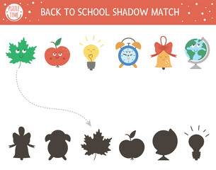 Wall Mural - Back to school shadow matching activity for children. School puzzle with cute kawaii objects. Simple educational game for kids. Find the correct silhouette printable worksheet. .