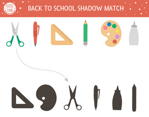 Wall Mural - Back to school shadow matching activity for children. School puzzle with cute stationery. Simple educational game for kids. Find the correct silhouette printable worksheet. .
