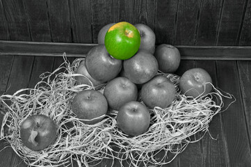 Wall Mural - one green apple and autumn leaves in black and white