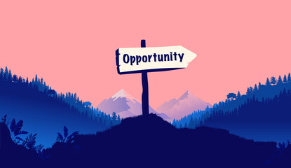 Wall Mural - Opportunity sign pointing to the right. Showing direction for business and career opportunities ahead. Beautiful landscape in background. Vector illustration.