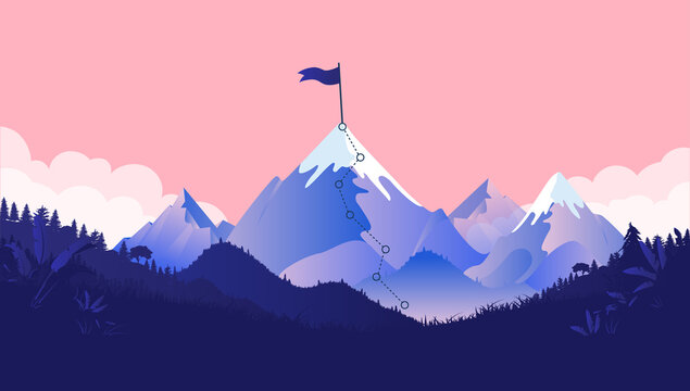mountaintop goal - path to mountain summit with snow and flag on top. coral coloured background, for