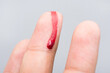 © cattyphoto - Bleeding blood from the cut finger wound. Injured finger with bleeding open cut wound. Closeup of finger human hand is cut hurt bleeding with bright red blood.