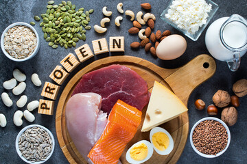 High protein food as meat, fish, dairy, eggs, buckwheat, oatmeal, nuts, bean, pumpkin seed and sunflower seed. Top view